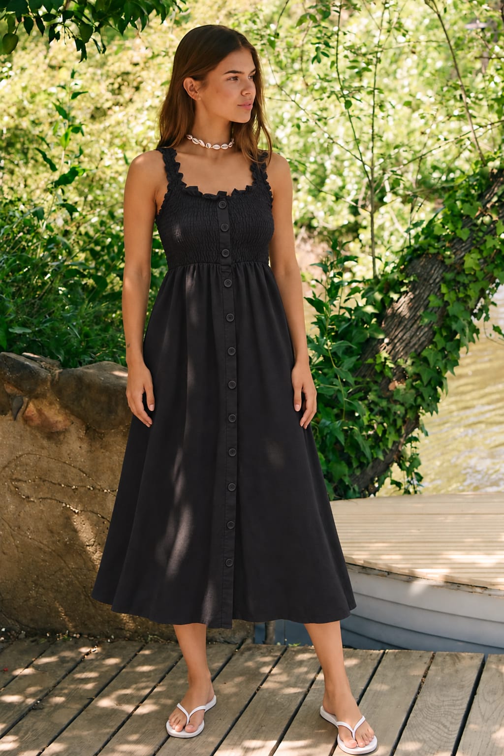 Smocked Button-Front Midi Dress