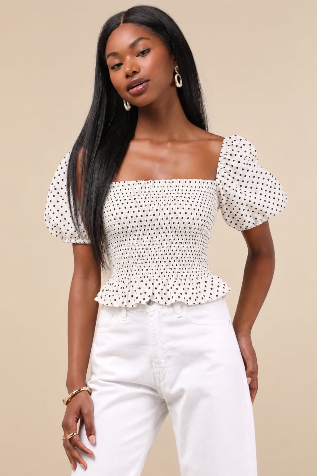 Polka Dot Smocked Puff Sleeve Top