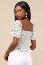 Polka Dot Smocked Puff Sleeve Top