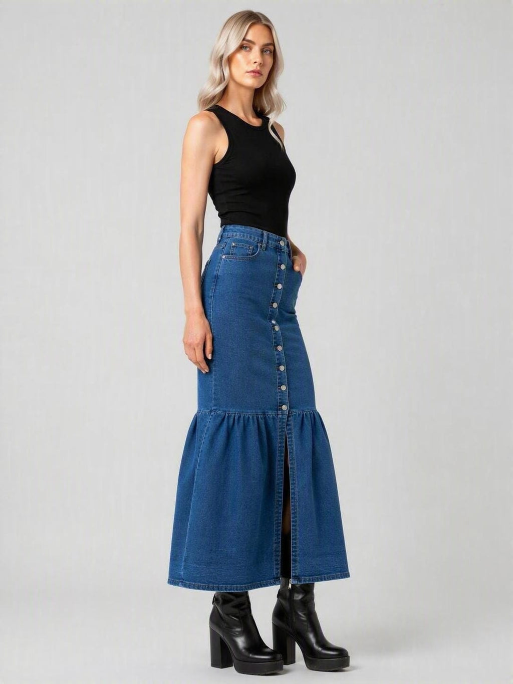 Button-Front Denim Maxi Skirt DYQ-348