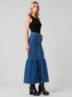 Button-Front Denim Maxi Skirt DYQ-348