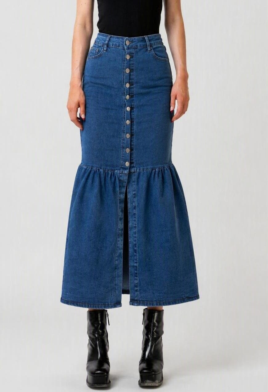 Button-Front Denim Maxi Skirt DYQ-348