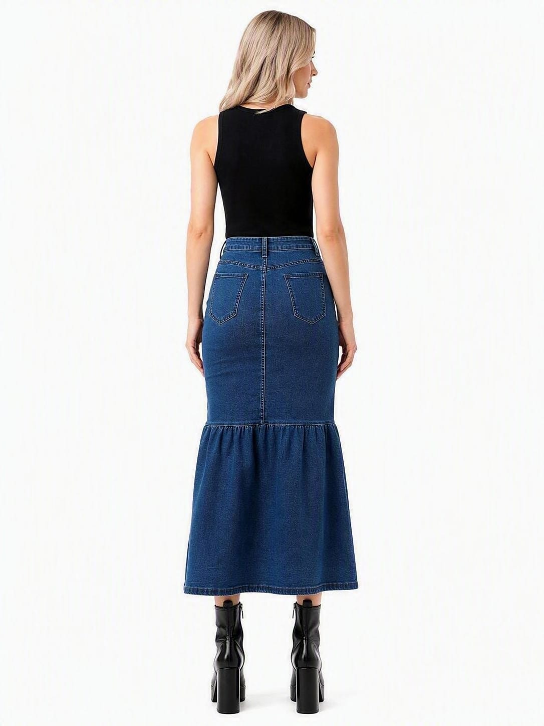 Button-Front Denim Maxi Skirt DYQ-348
