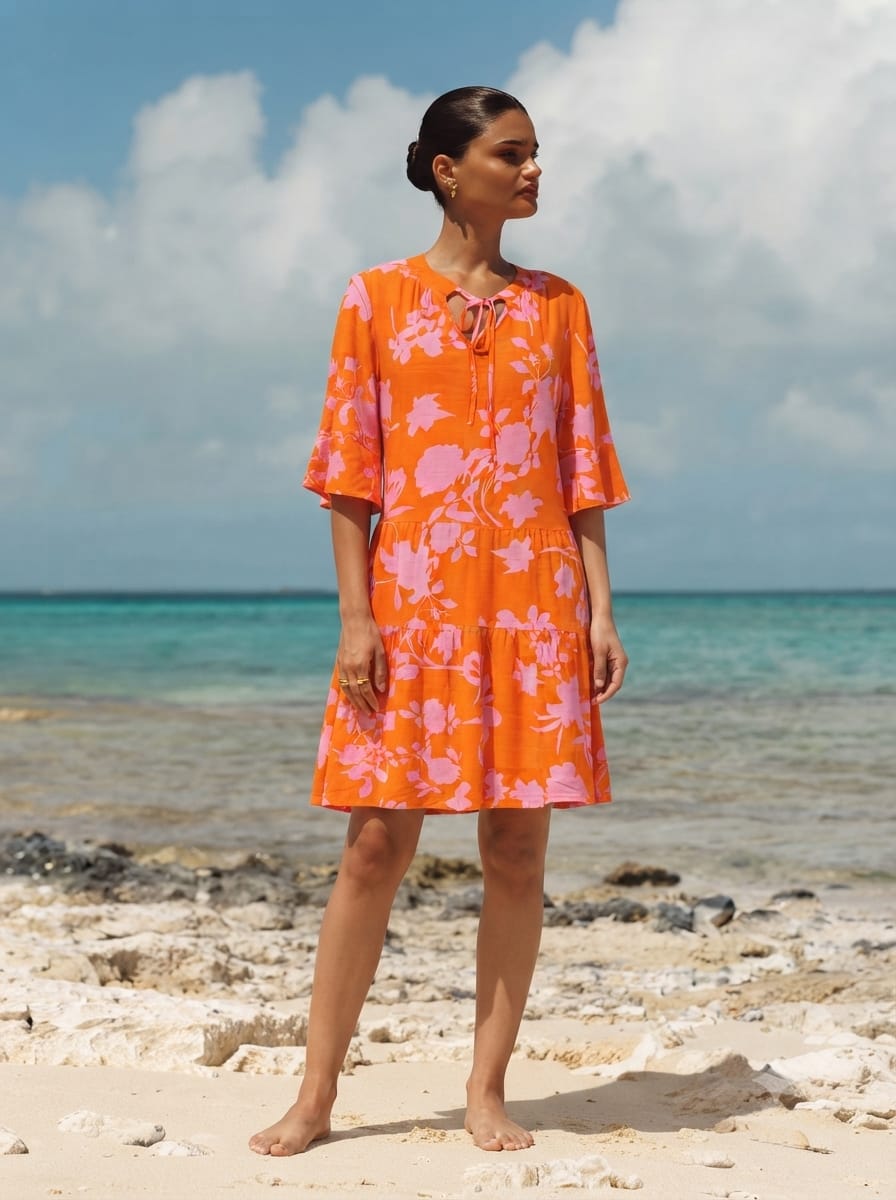 Summer Floral Tie-Neck Tiered Dress