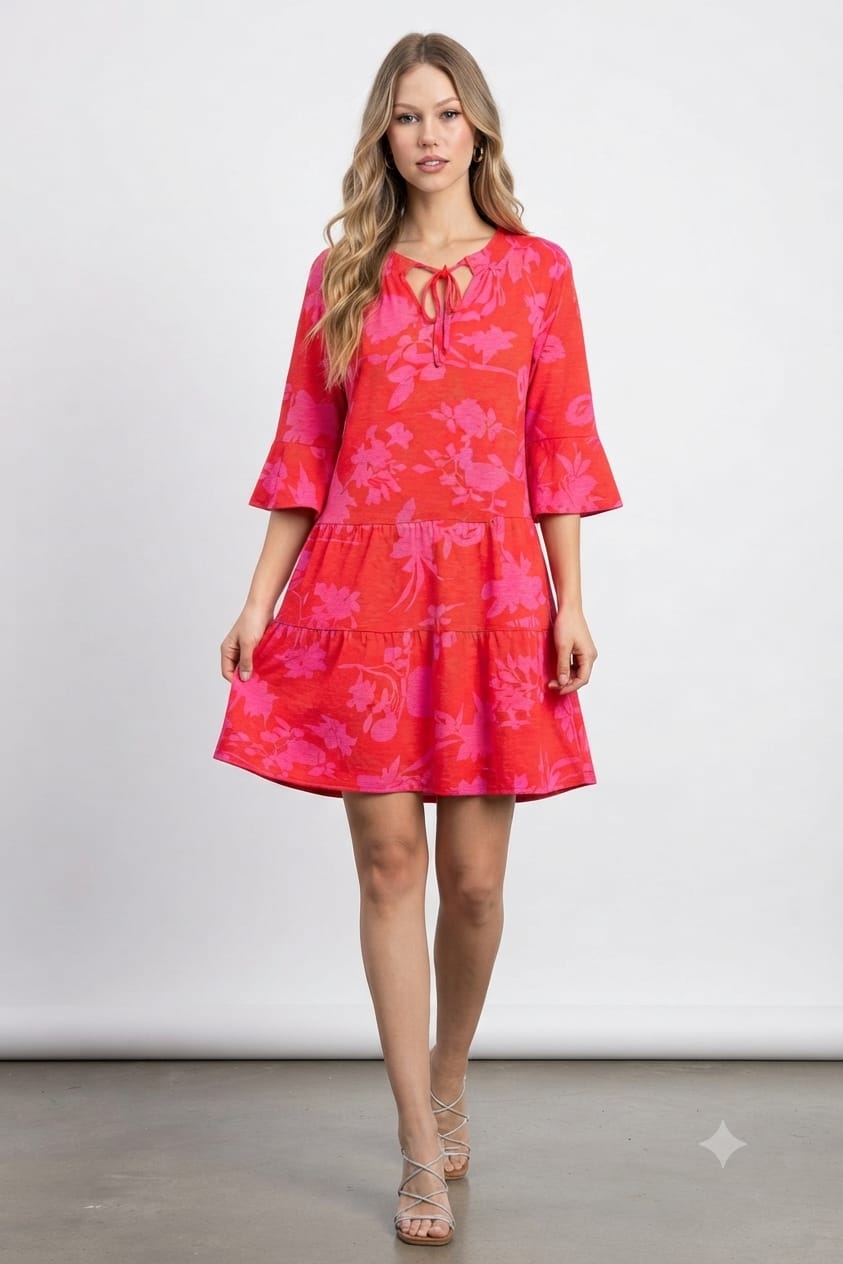 Summer Floral Tie-Neck Tiered Dress