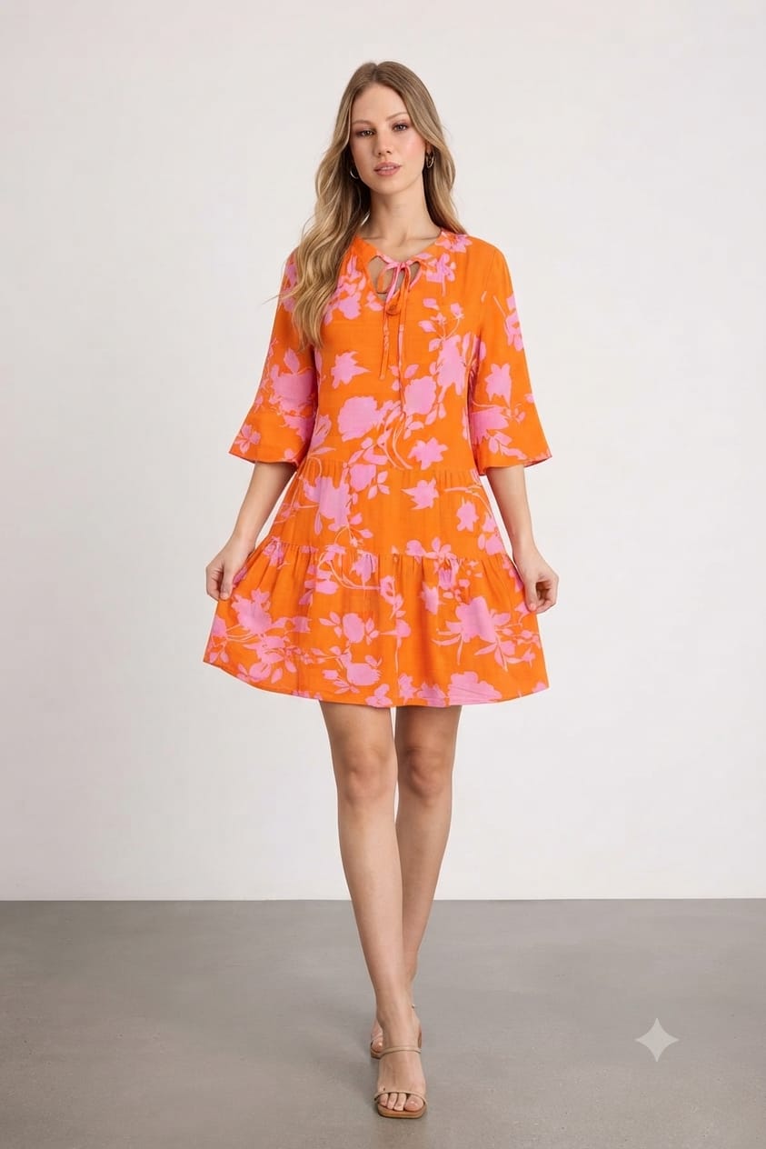 Summer Floral Tie-Neck Tiered Dress