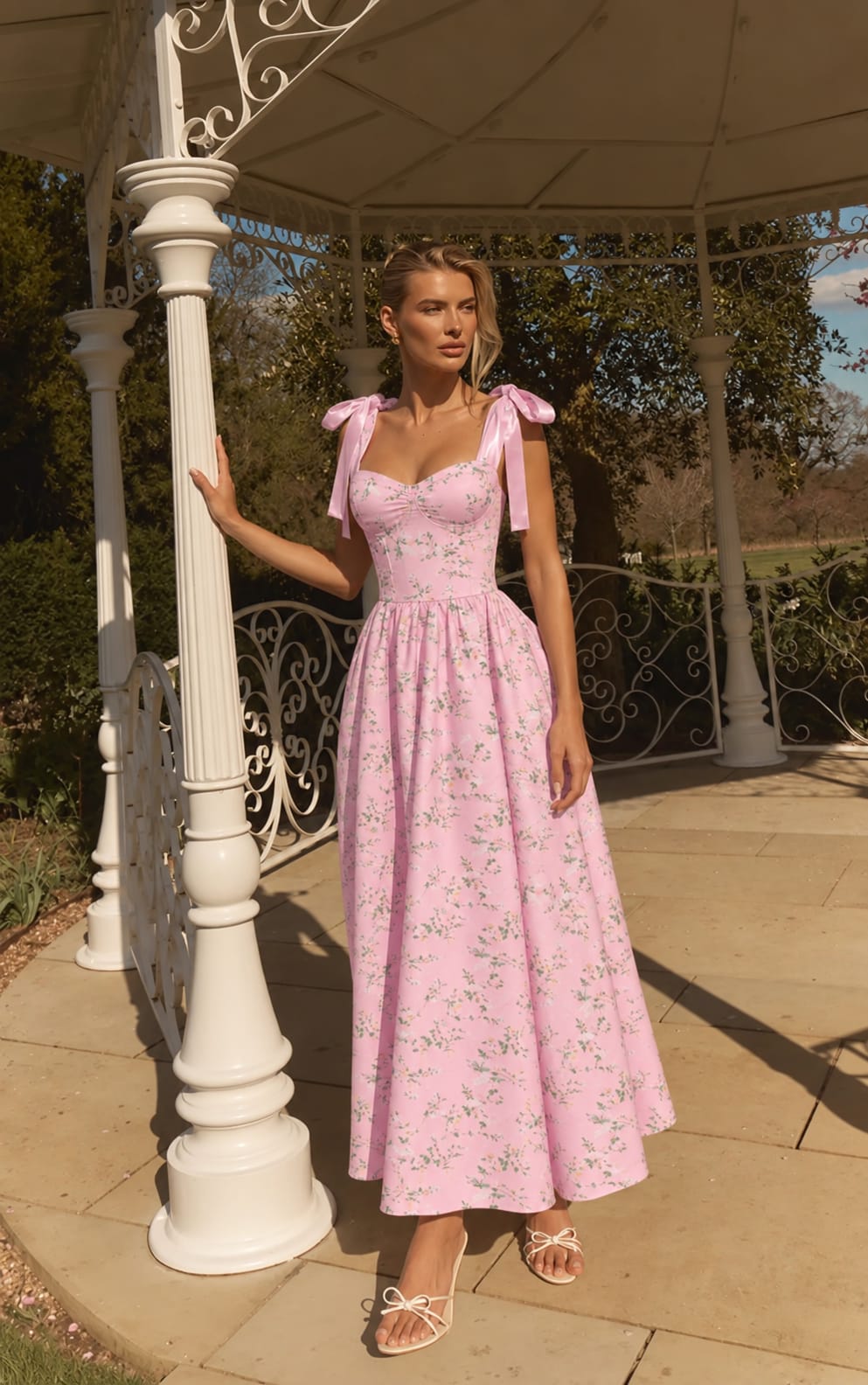 Sweetheart Floral Tie-Strap Maxi Dress
