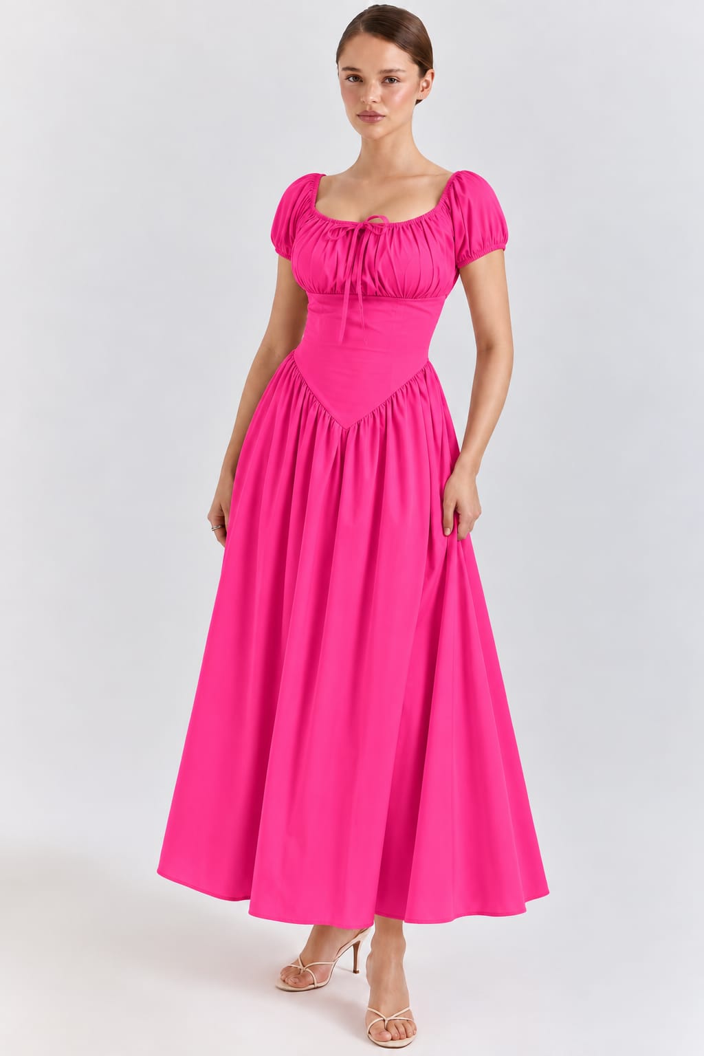 Ruched-Bust Puff-Sleeve Maxi Dress