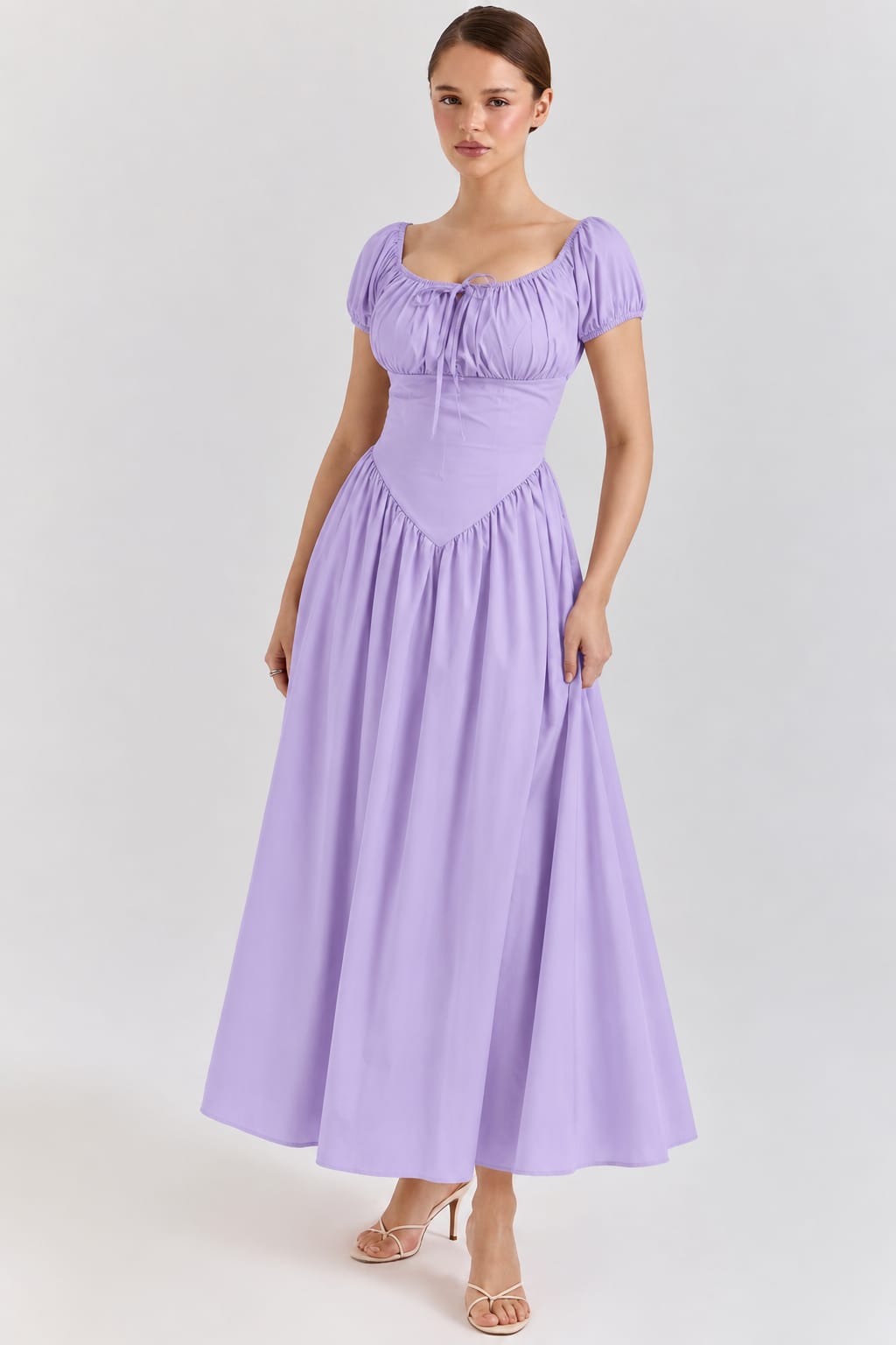 Ruched-Bust Puff-Sleeve Maxi Dress