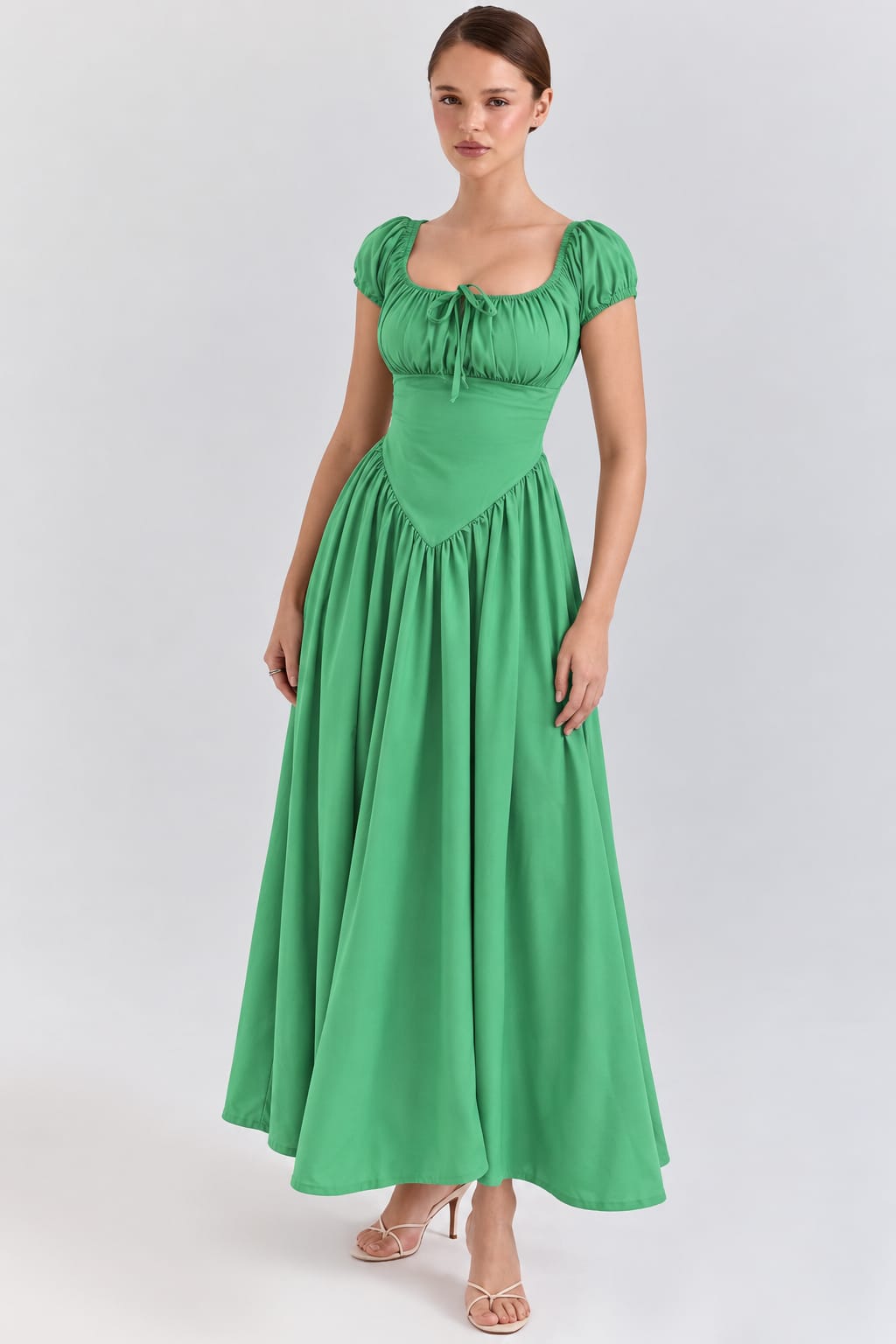 Ruched-Bust Puff-Sleeve Maxi Dress