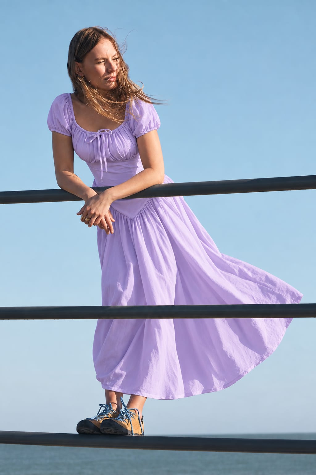 Ruched-Bust Puff-Sleeve Maxi Dress