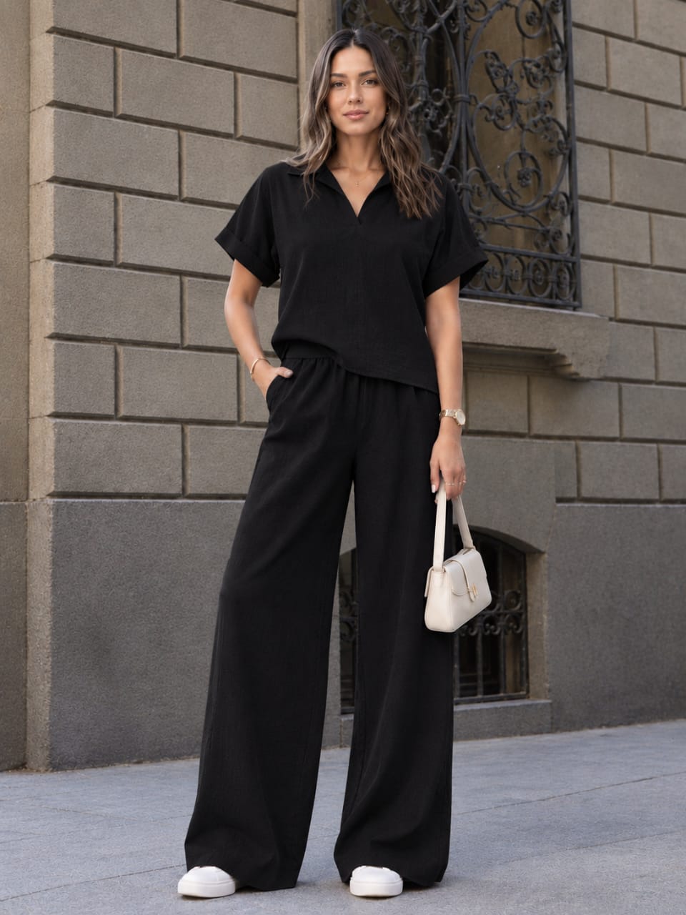 Plisse Collared Shirt and Trouser Set