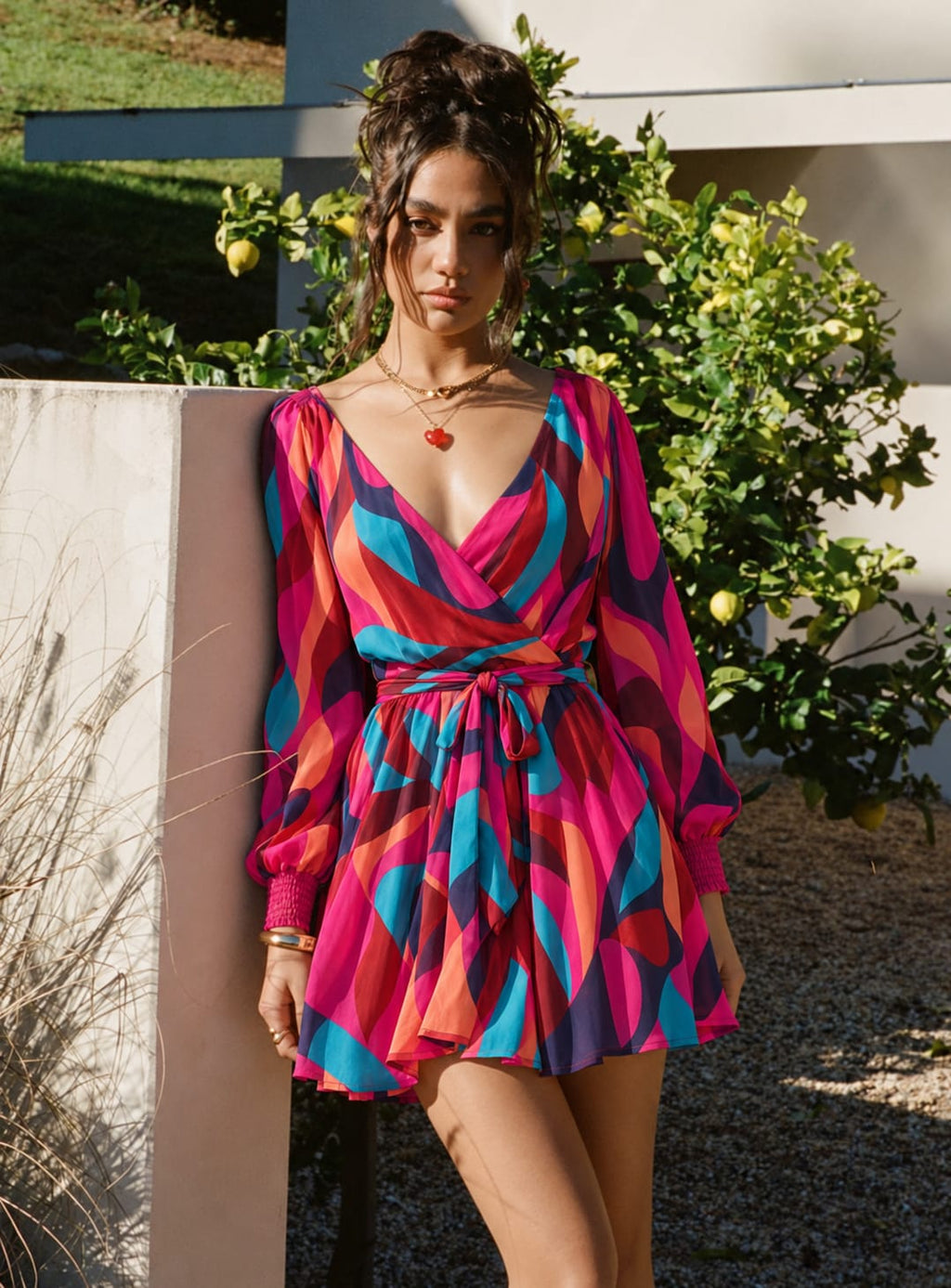 Vibrant Abstract Belted Puff Sleeve Dress
