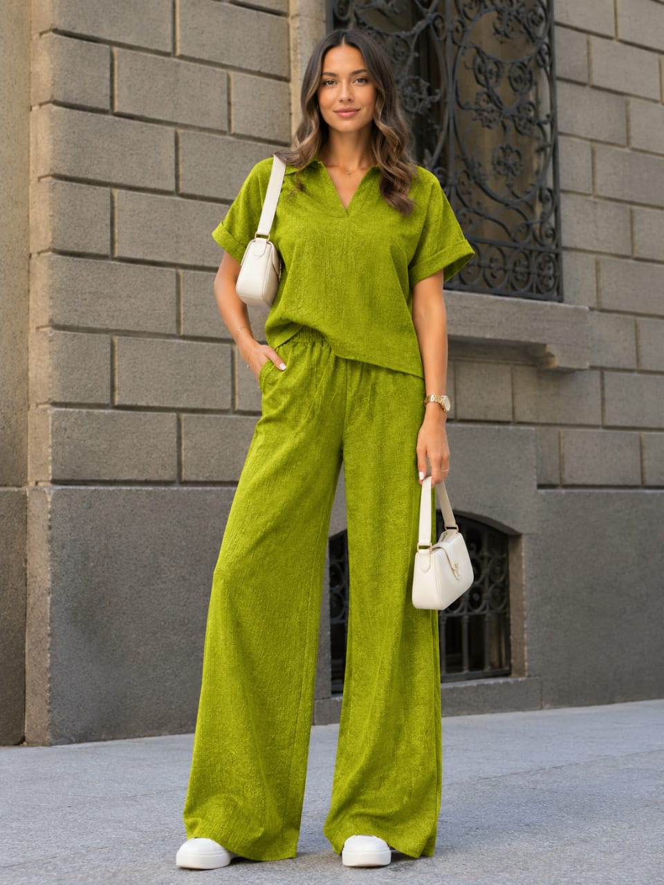 Plisse Collared Shirt and Trouser Set