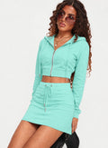 Women's Hooded  Blue Zip-Up Skirt Set