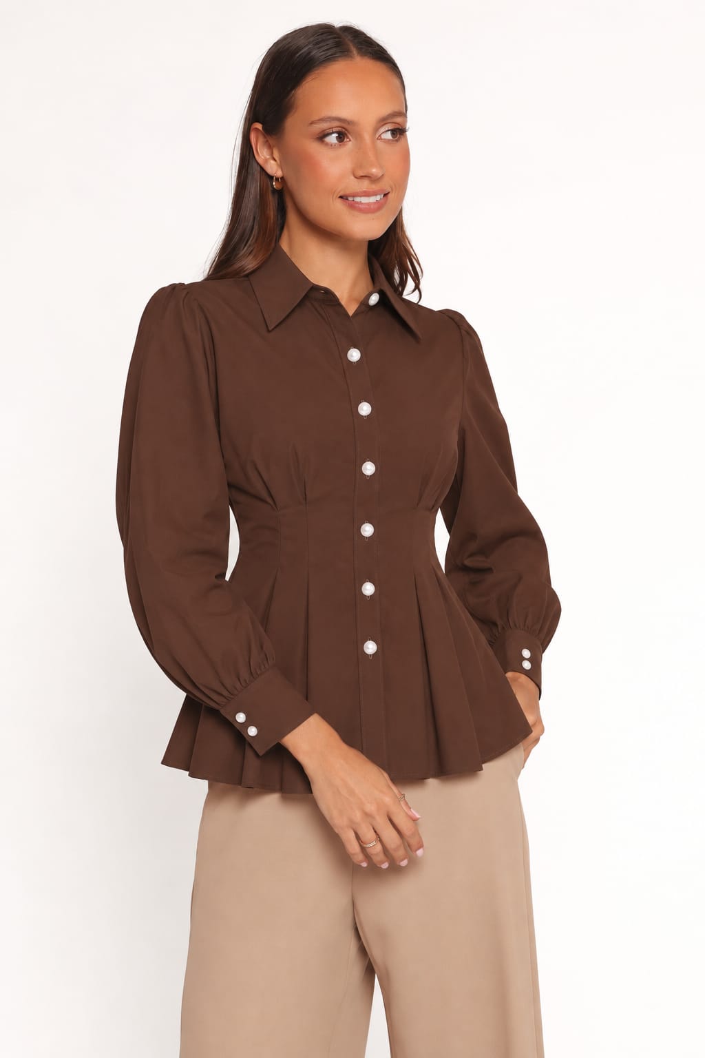 Contour Button-Front Peplum Blouse