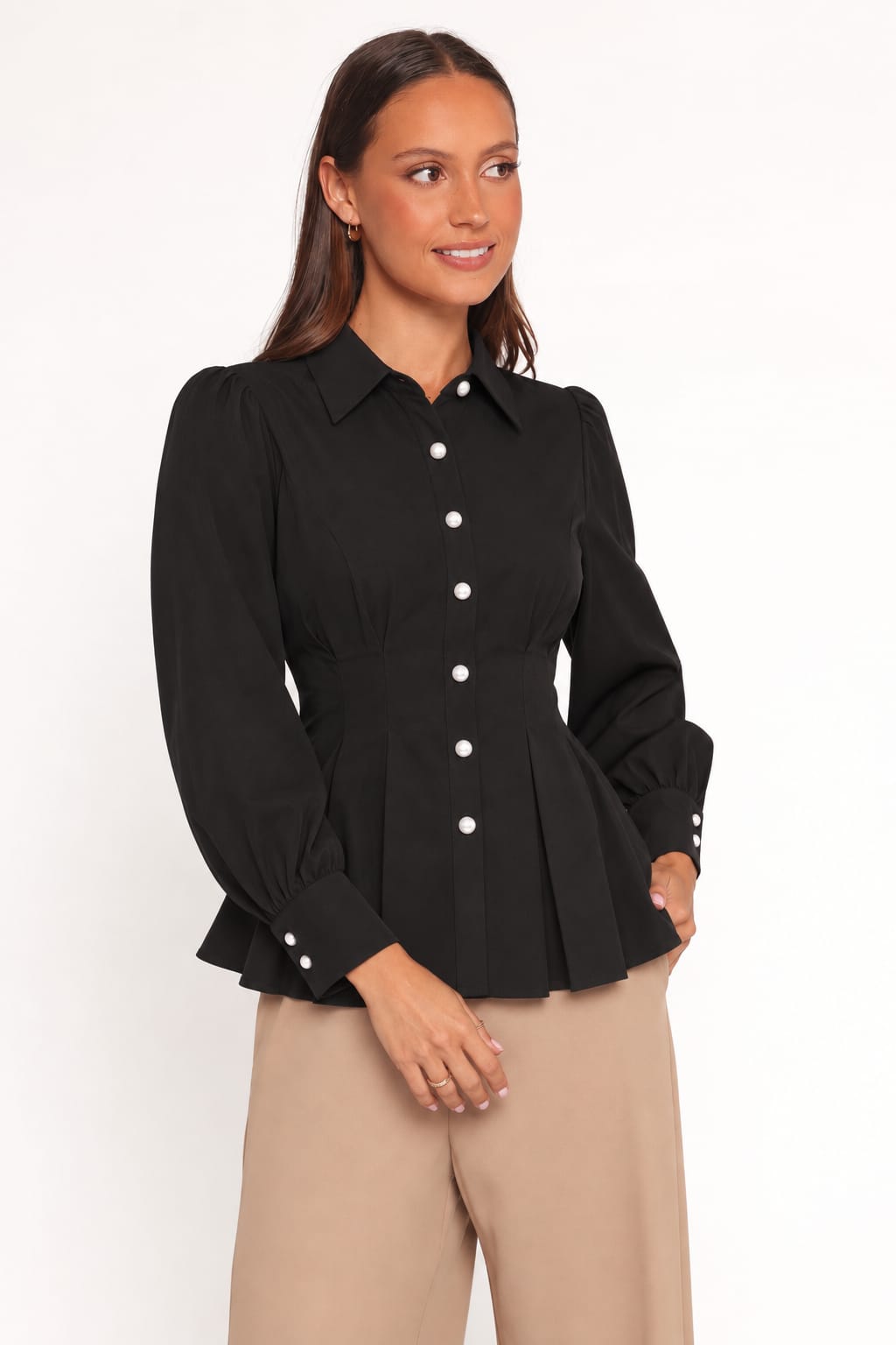 Contour Button-Front Peplum Blouse