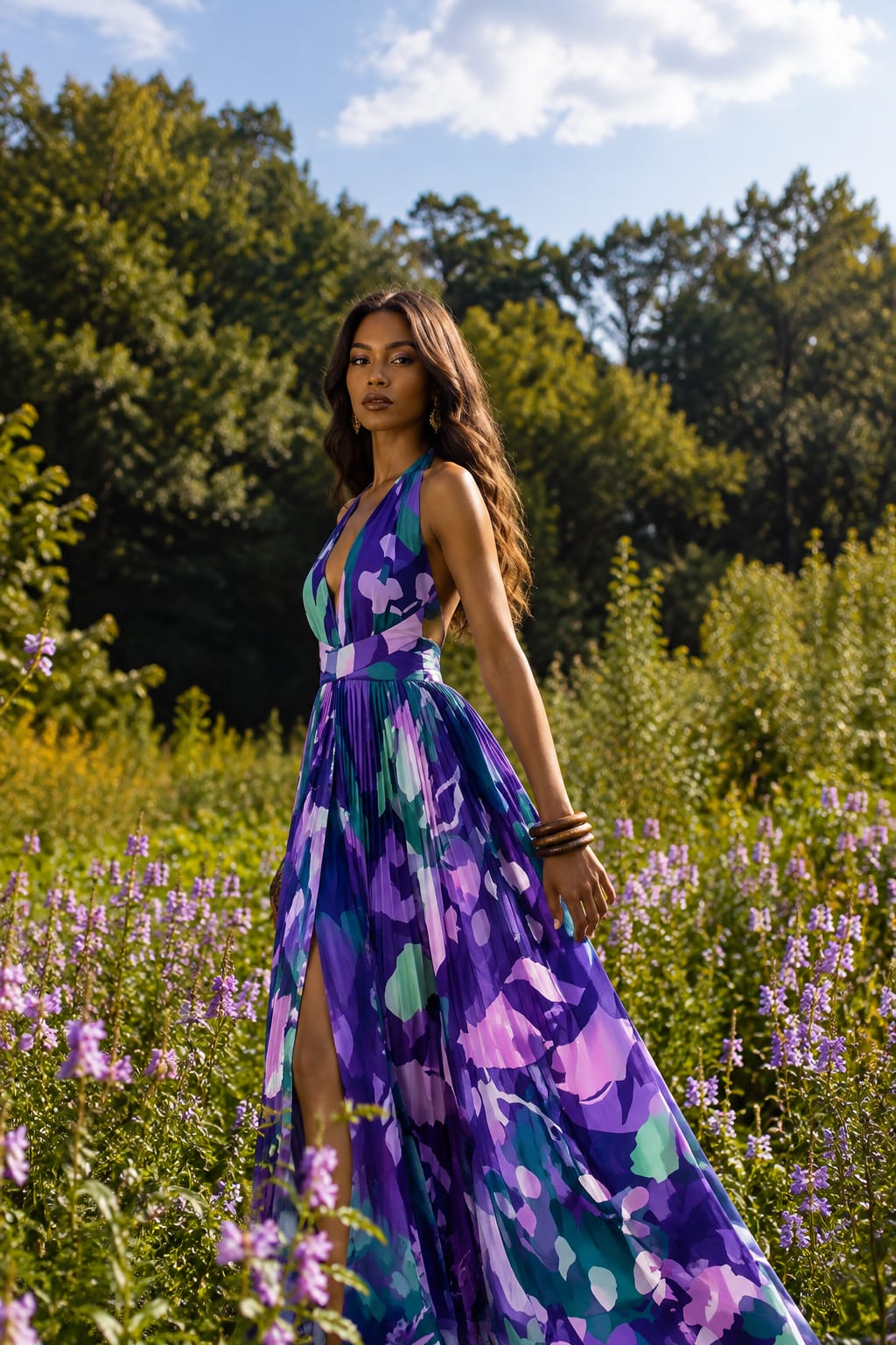 Pleated Abstract Print Halter Maxi Dress