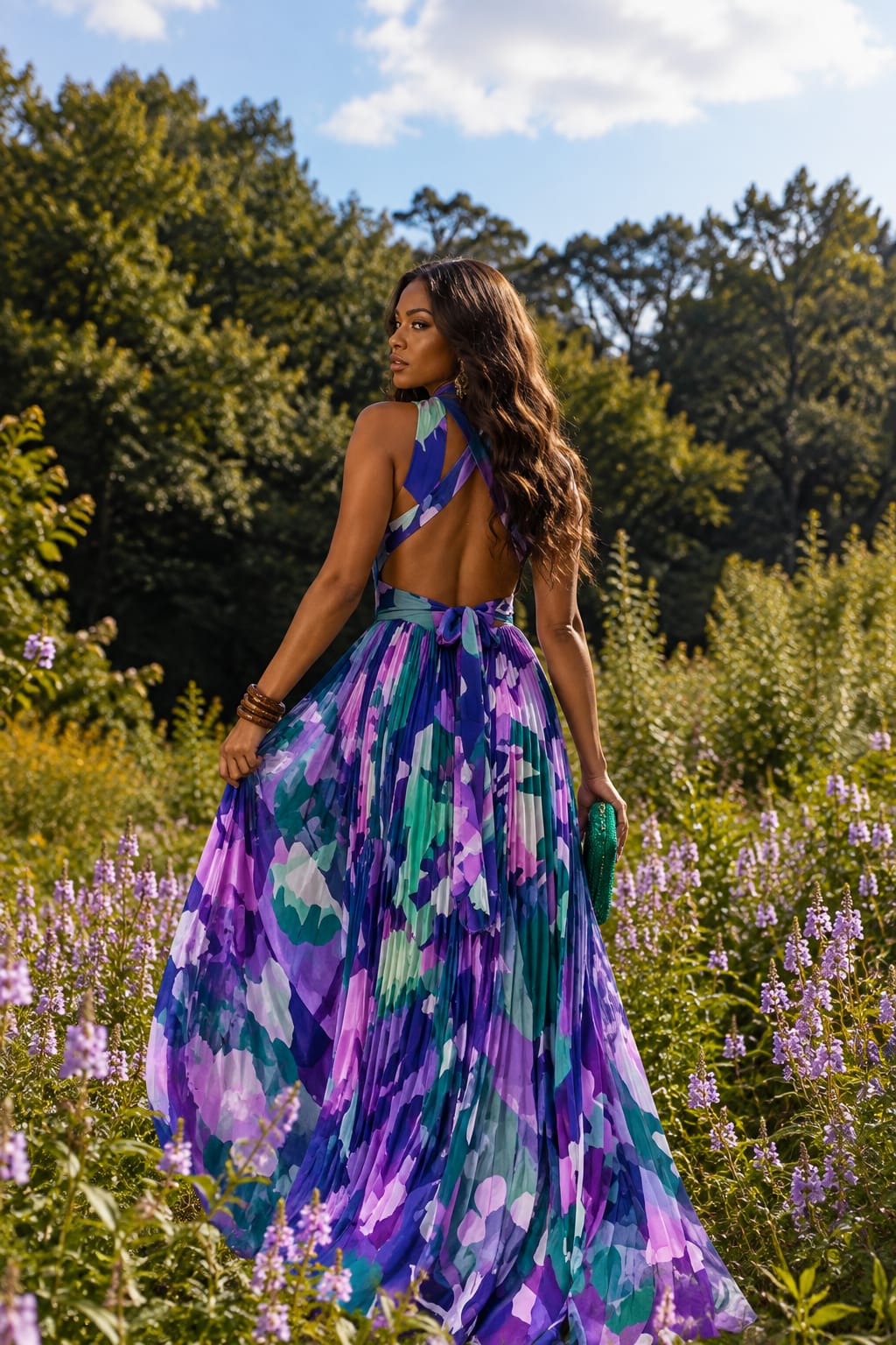 Pleated Abstract Print Halter Maxi Dress