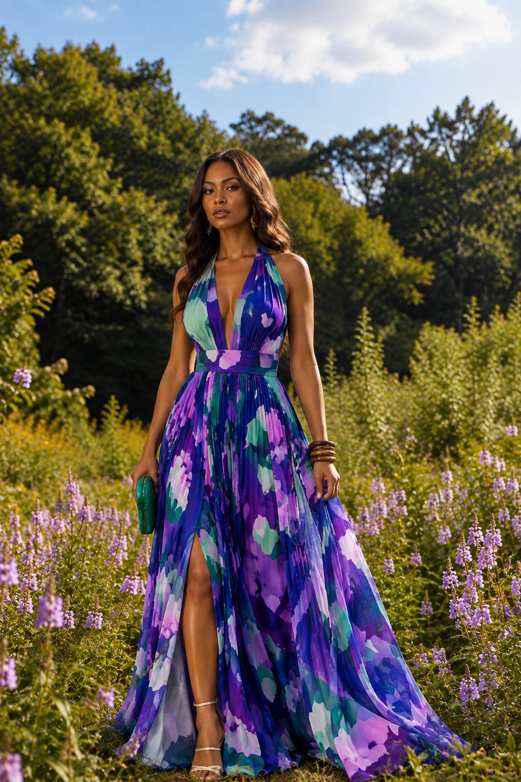 Pleated Abstract Print Halter Maxi Dress