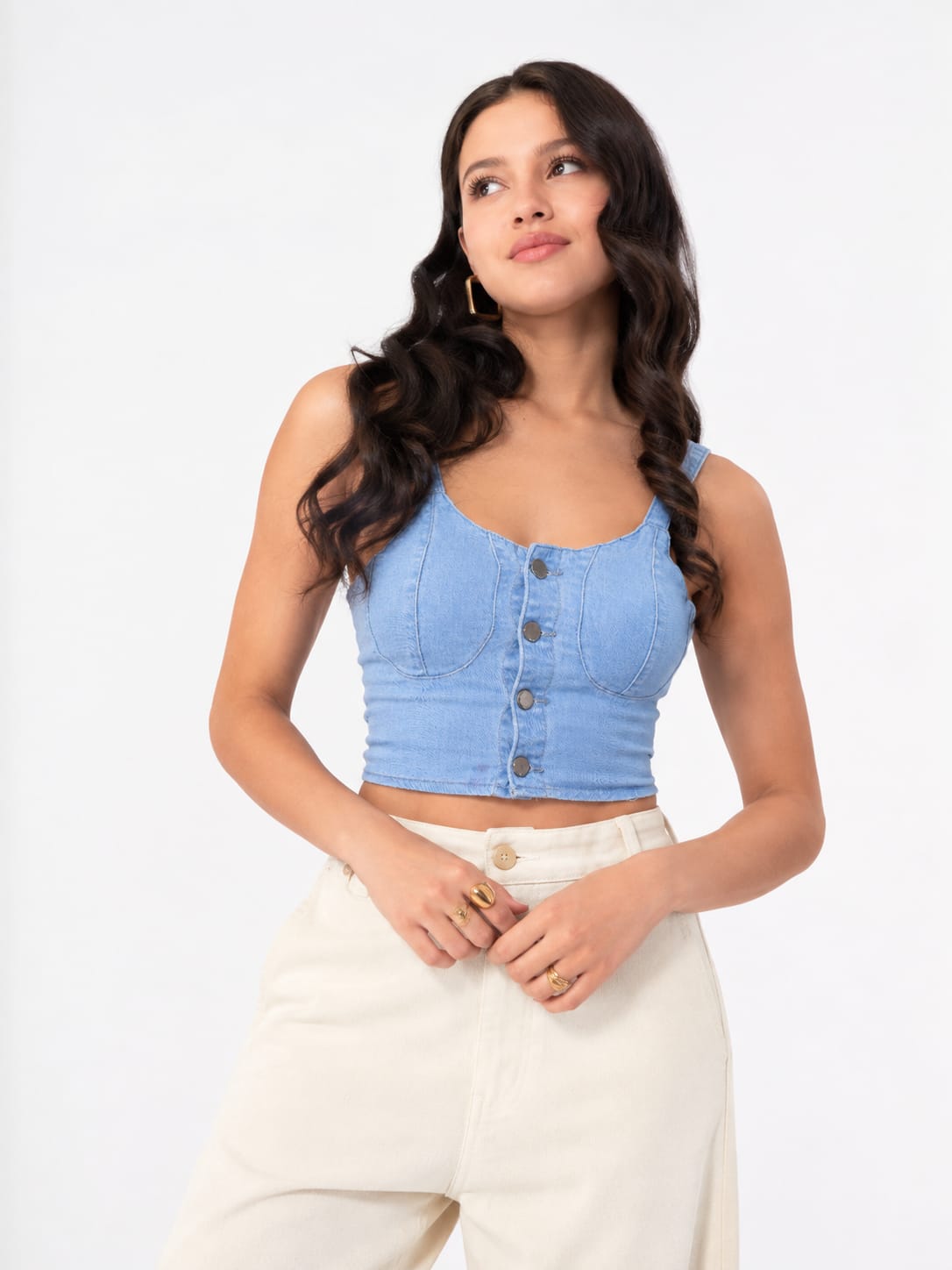 Button-Front Denim Bustier Top