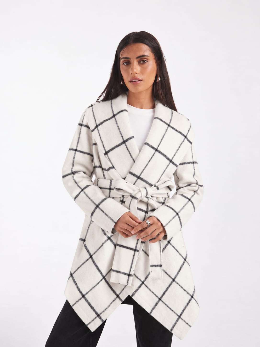 Refined Plaid Waterfall Wrap Coat