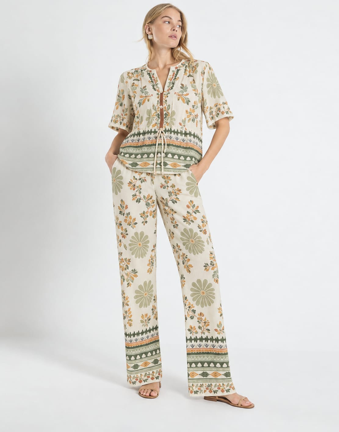 Botanical Border-Print Trouser Set