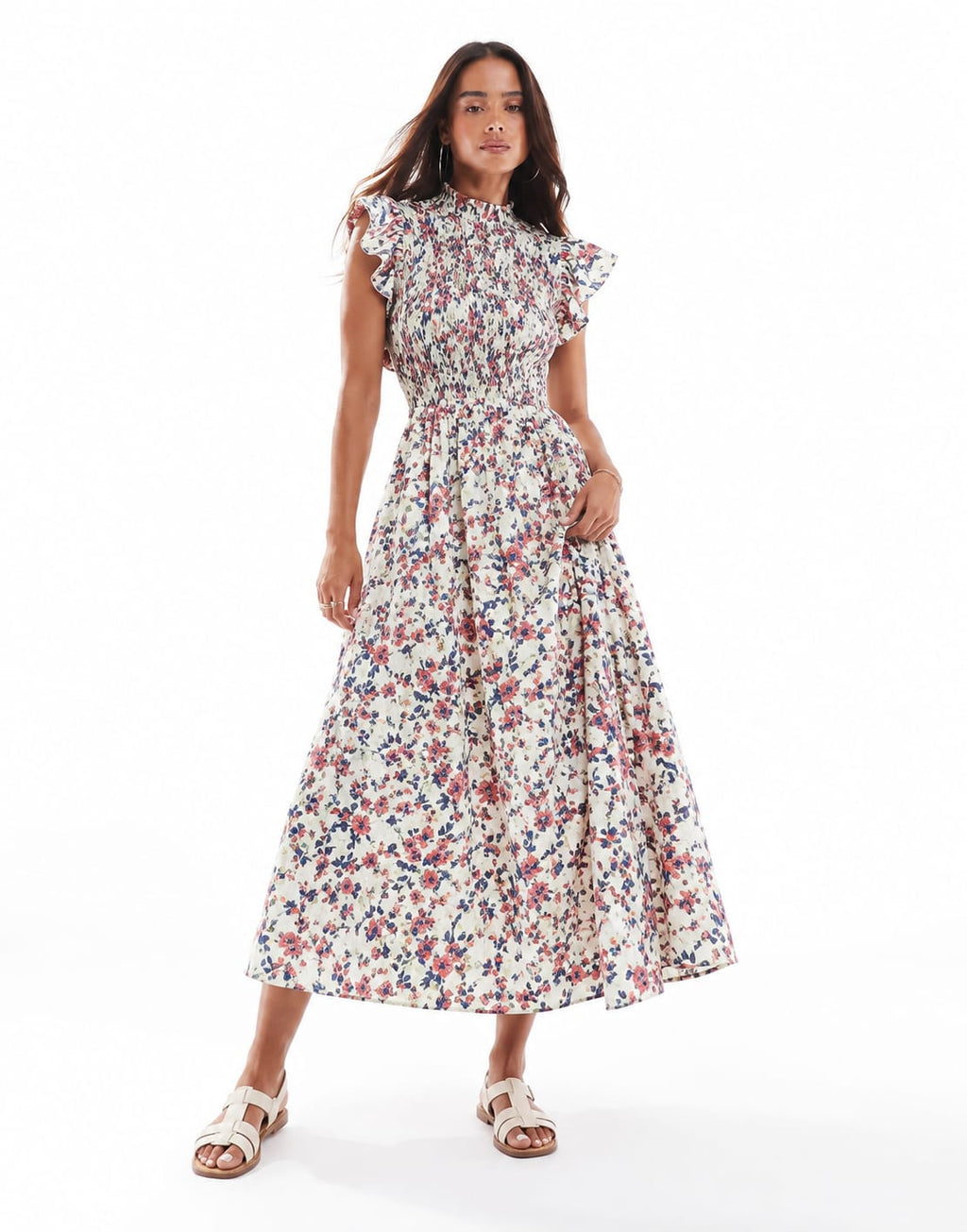 Ditsy Floral Flutter-Sleeve Maxi Dress