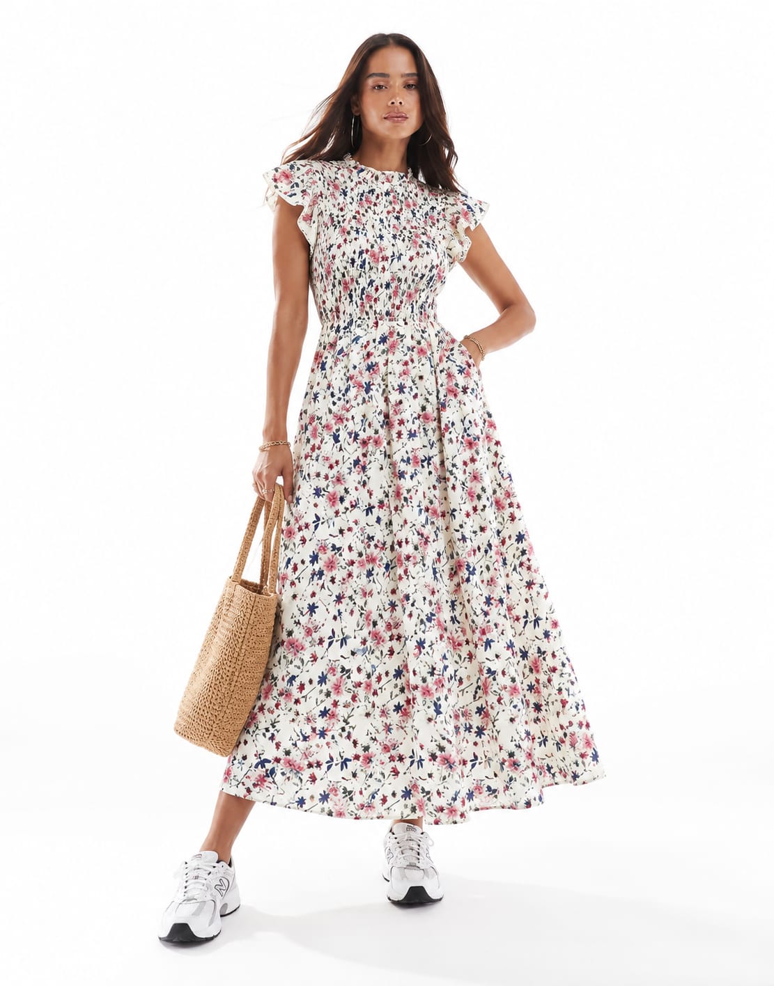 Ditsy Floral Flutter-Sleeve Maxi Dress