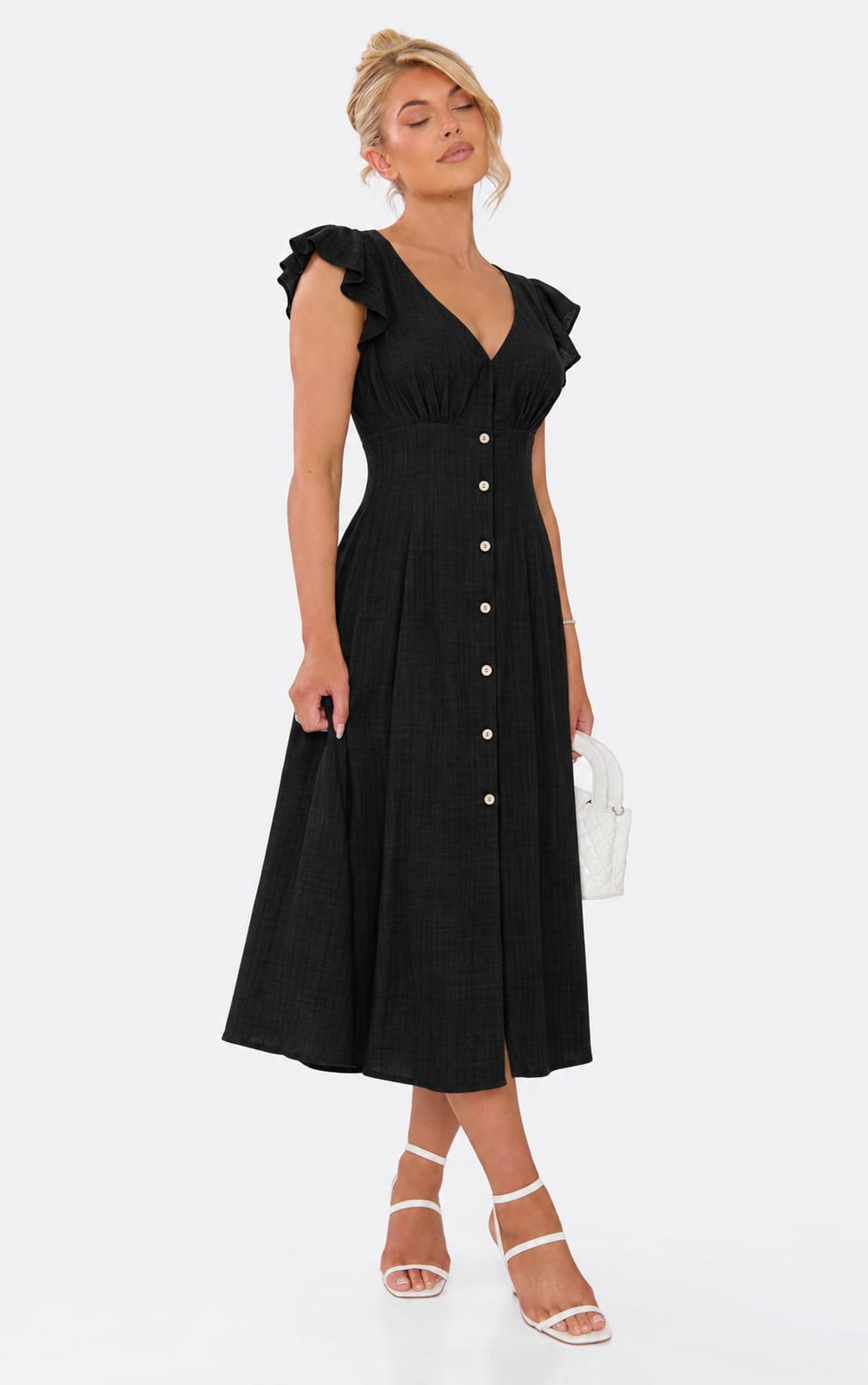 Flutter-Sleeve Button-Front Maxi Dress