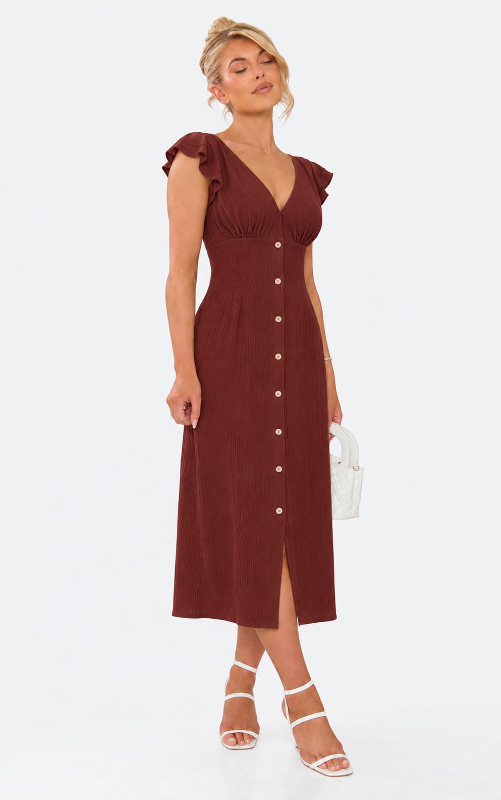 Flutter-Sleeve Button-Front Maxi Dress