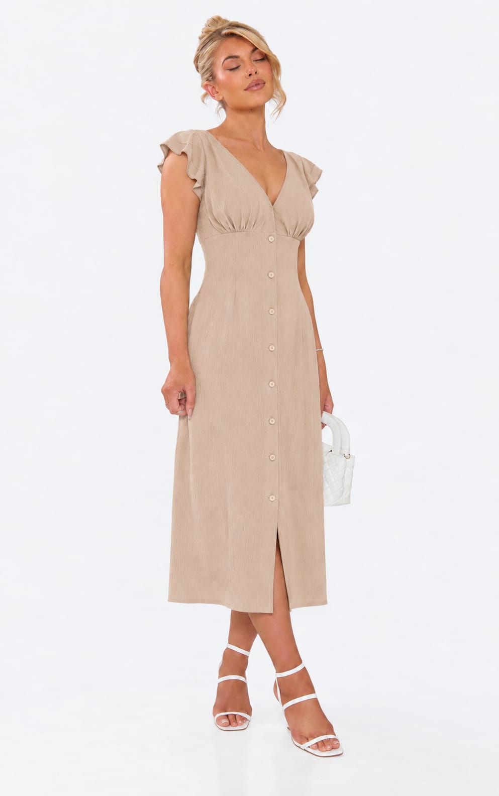 Flutter-Sleeve Button-Front Maxi Dress