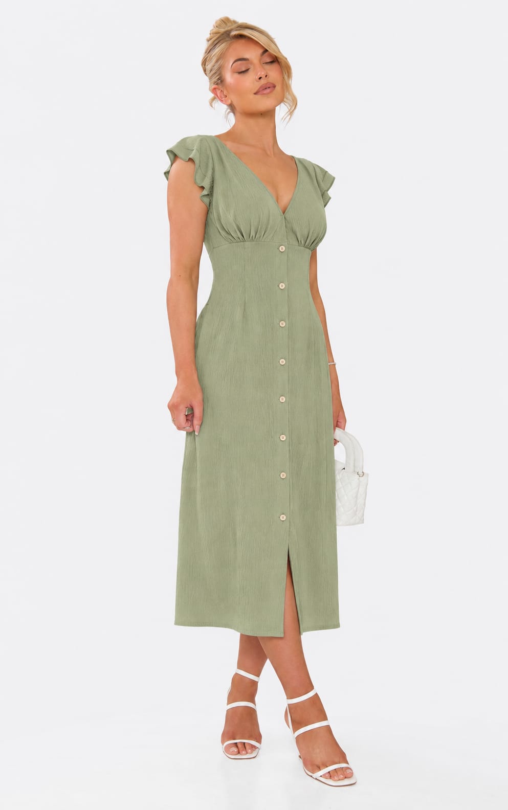 Flutter-Sleeve Button-Front Maxi Dress