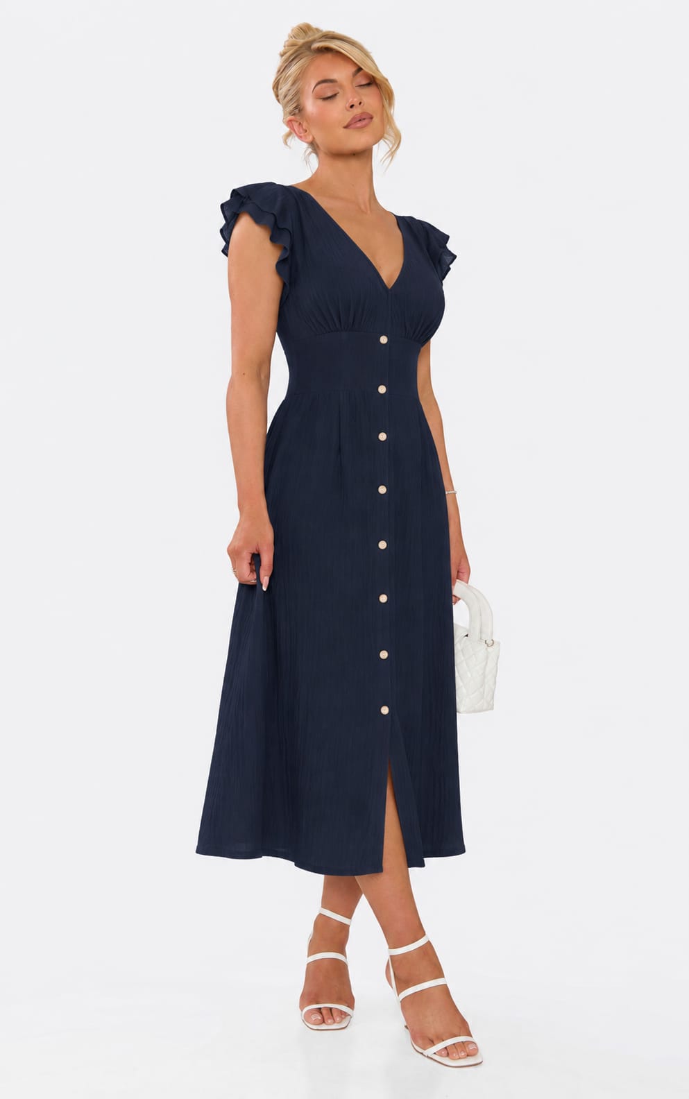 Flutter-Sleeve Button-Front Maxi Dress