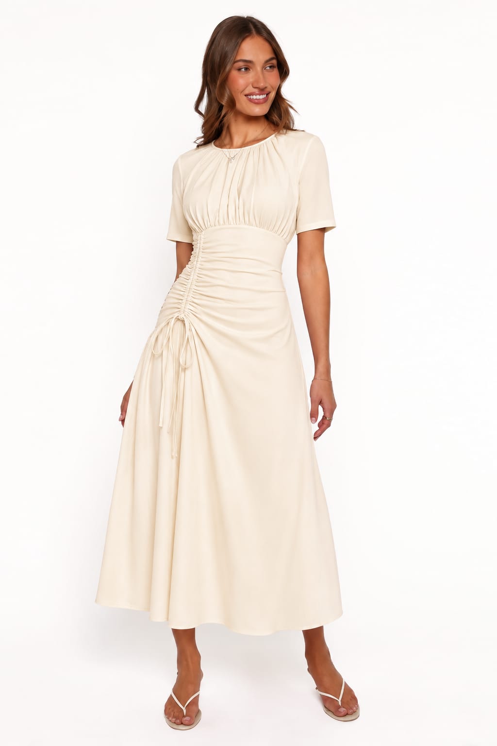Adjustable Ruched Short-Sleeve Maxi Dress
