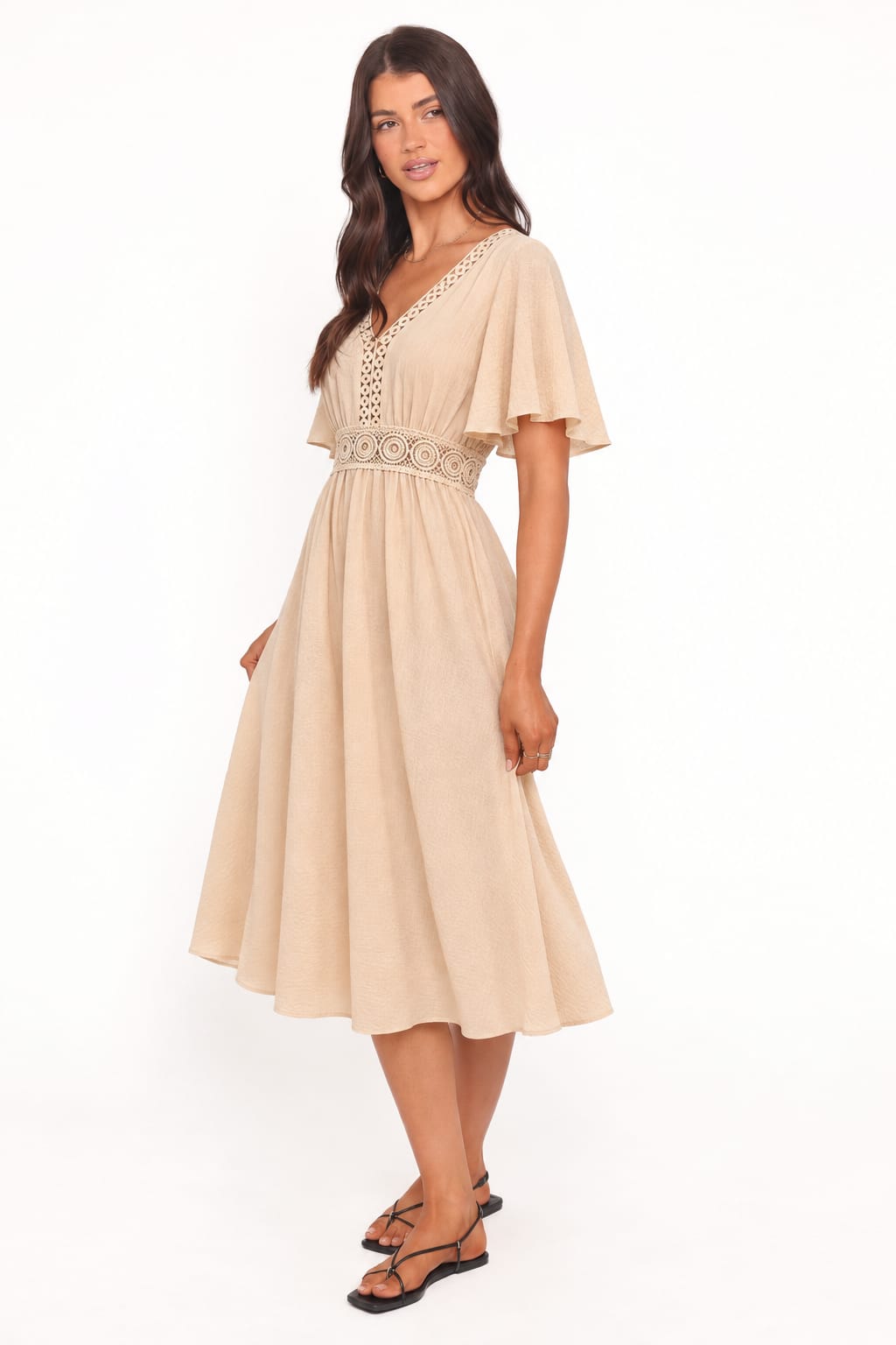 Crochet-Waist Flutter-Sleeve Midi Dress