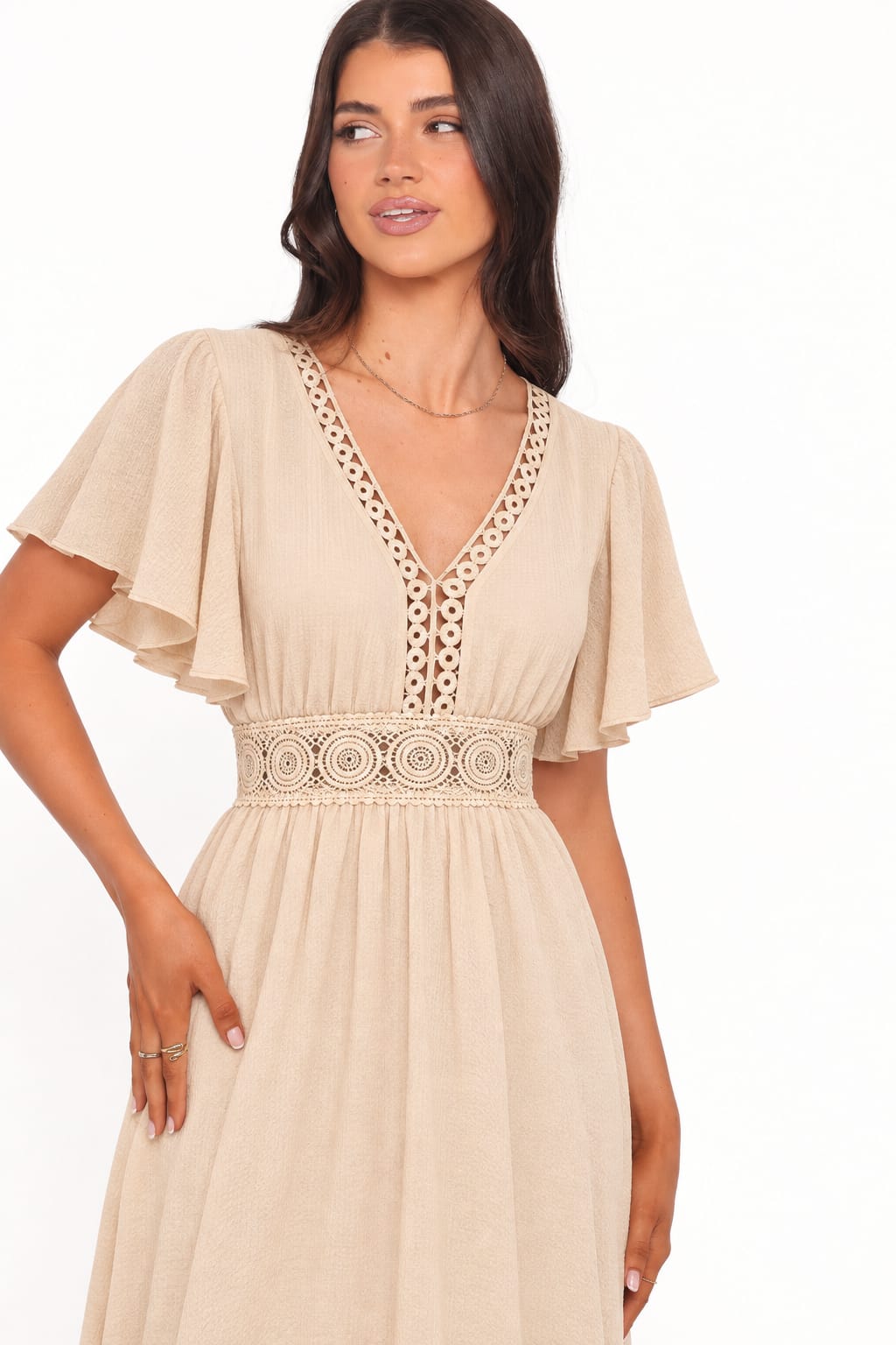 Crochet-Waist Flutter-Sleeve Midi Dress