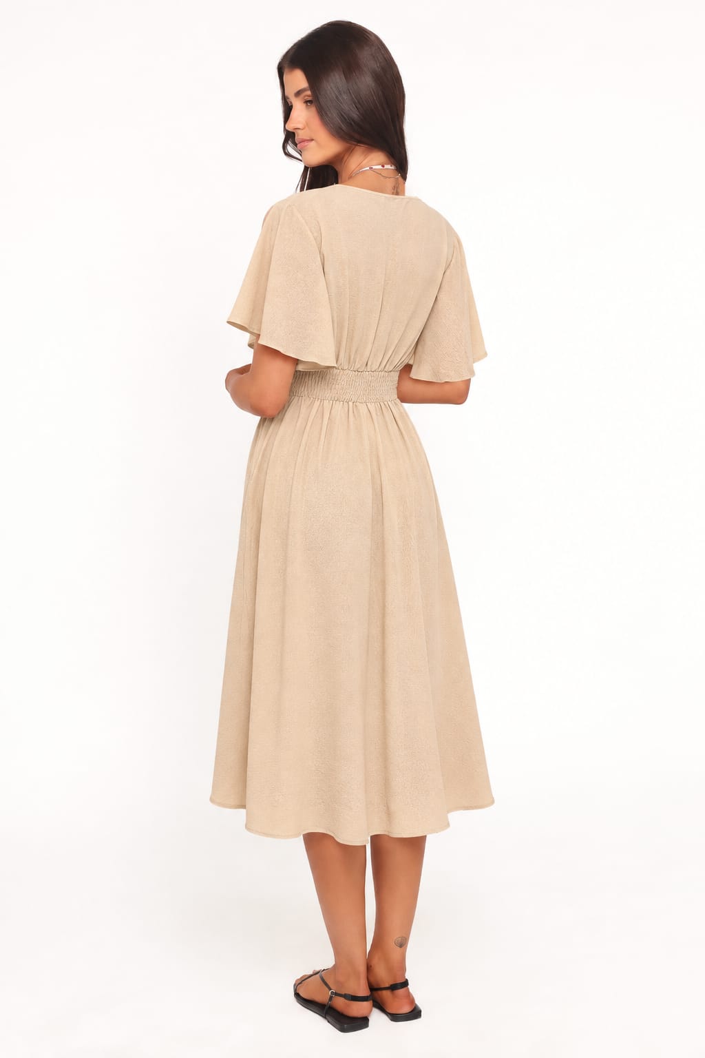 Crochet-Waist Flutter-Sleeve Midi Dress