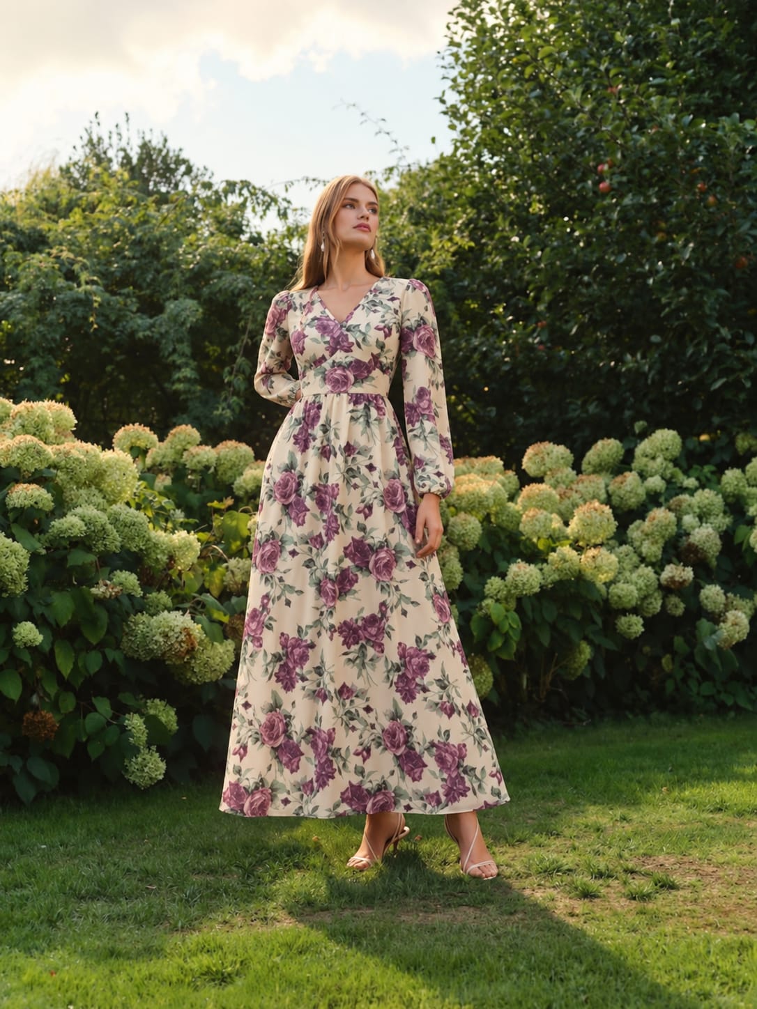 Rose Print V-Neck Collar Maxi Dress