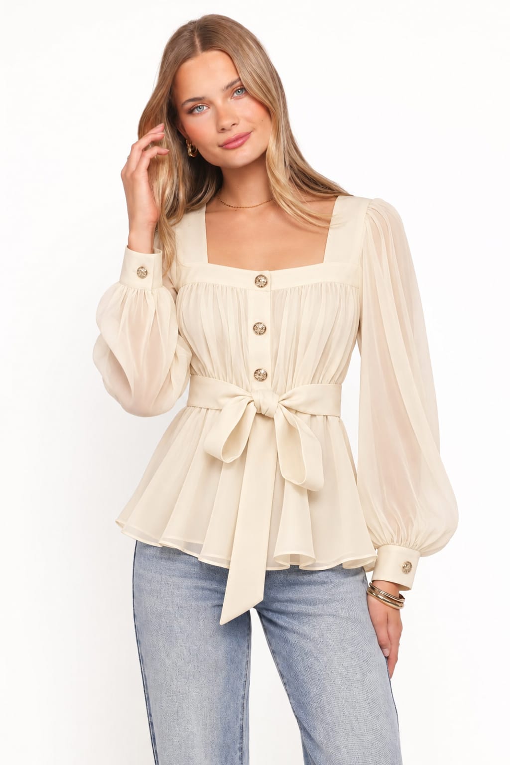 Belted Balloon-Sleeve Peplum Blouse
