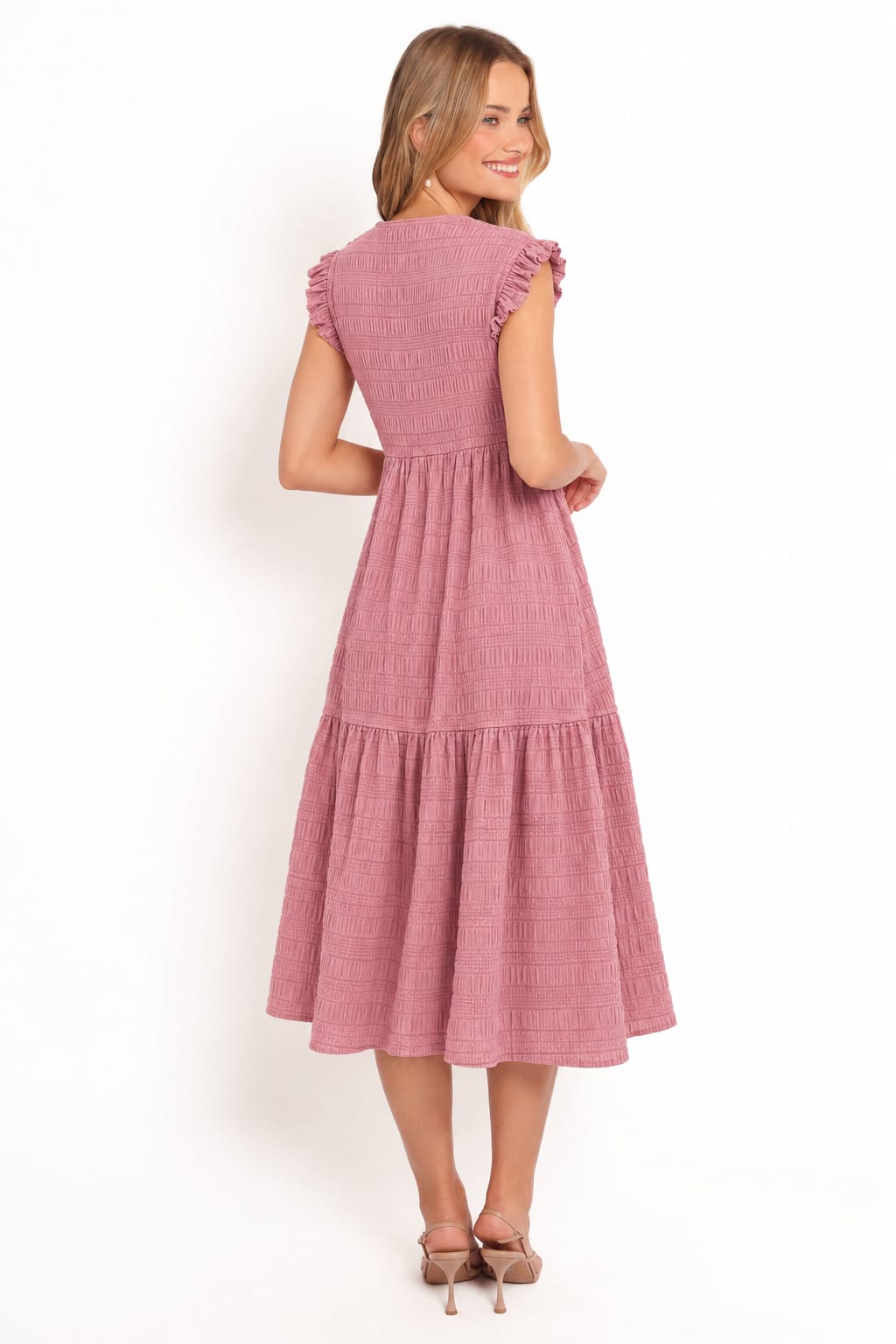 Textured Ruffle-Shoulder Midi Dress