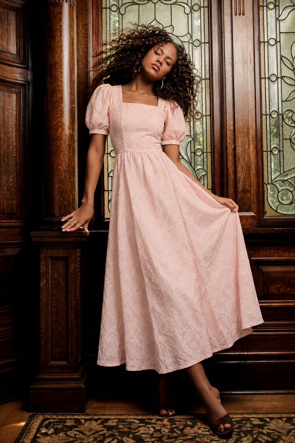 Textured Puff-Sleeve Midi Dress