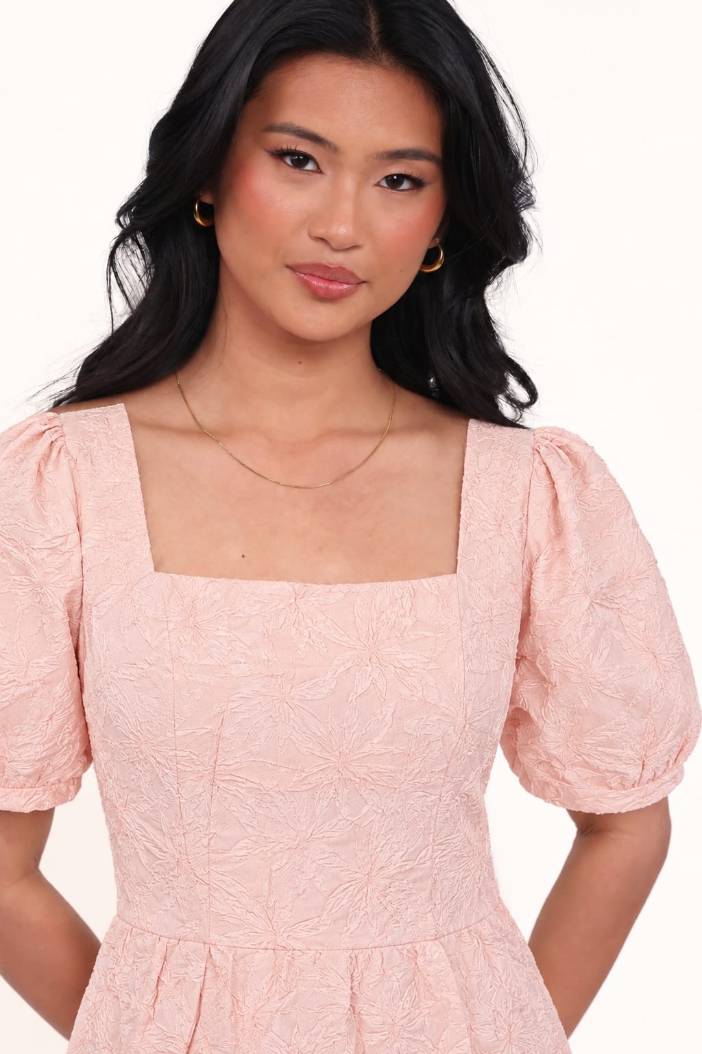 Textured Puff-Sleeve Midi Dress