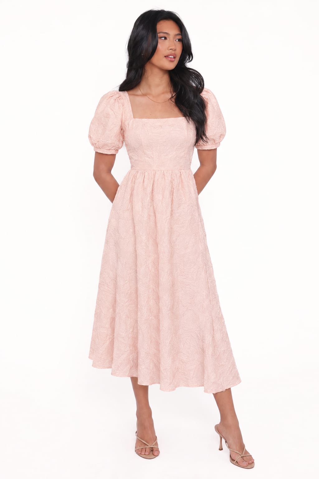 Textured Puff-Sleeve Midi Dress