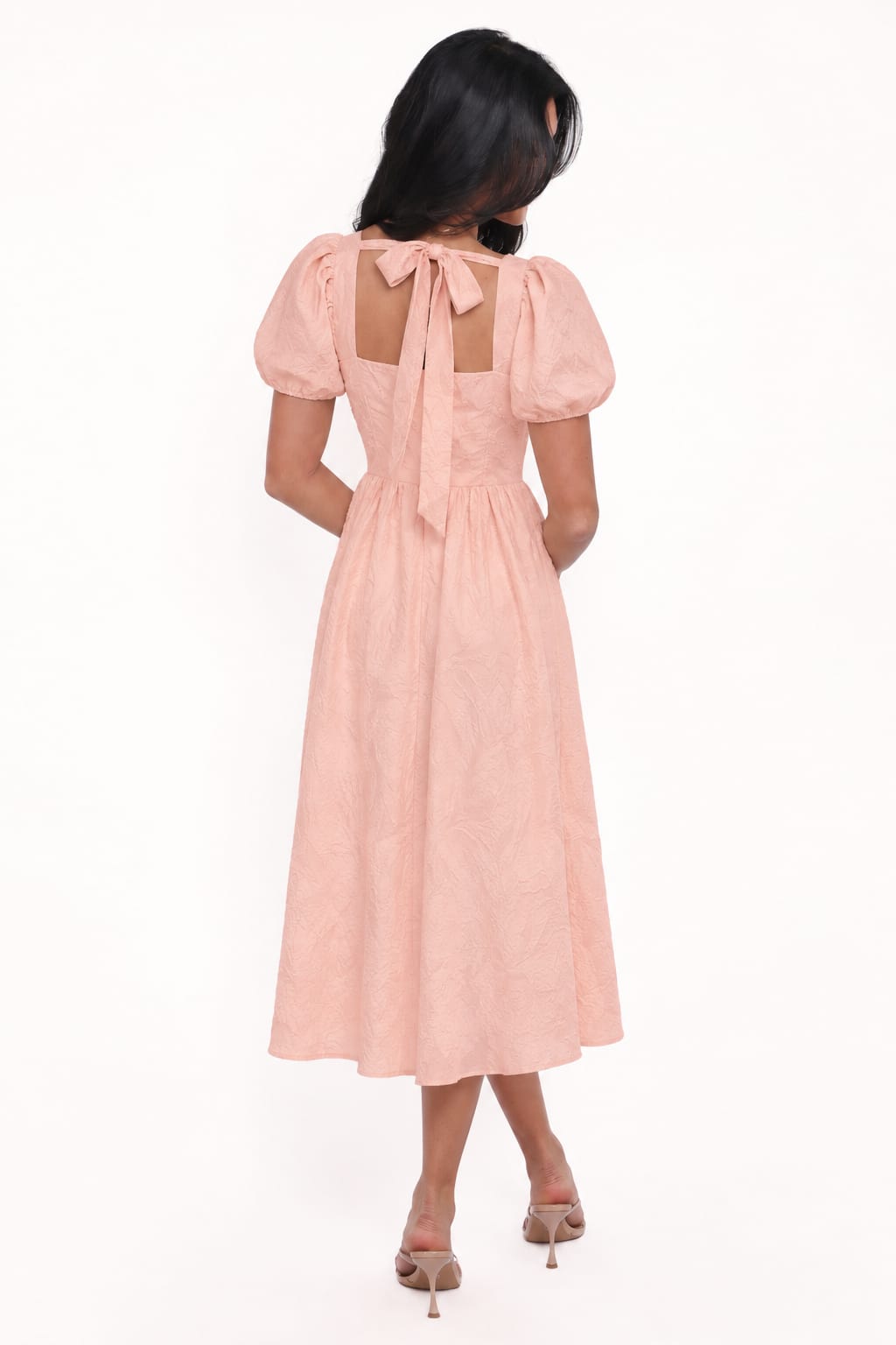 Textured Puff-Sleeve Midi Dress