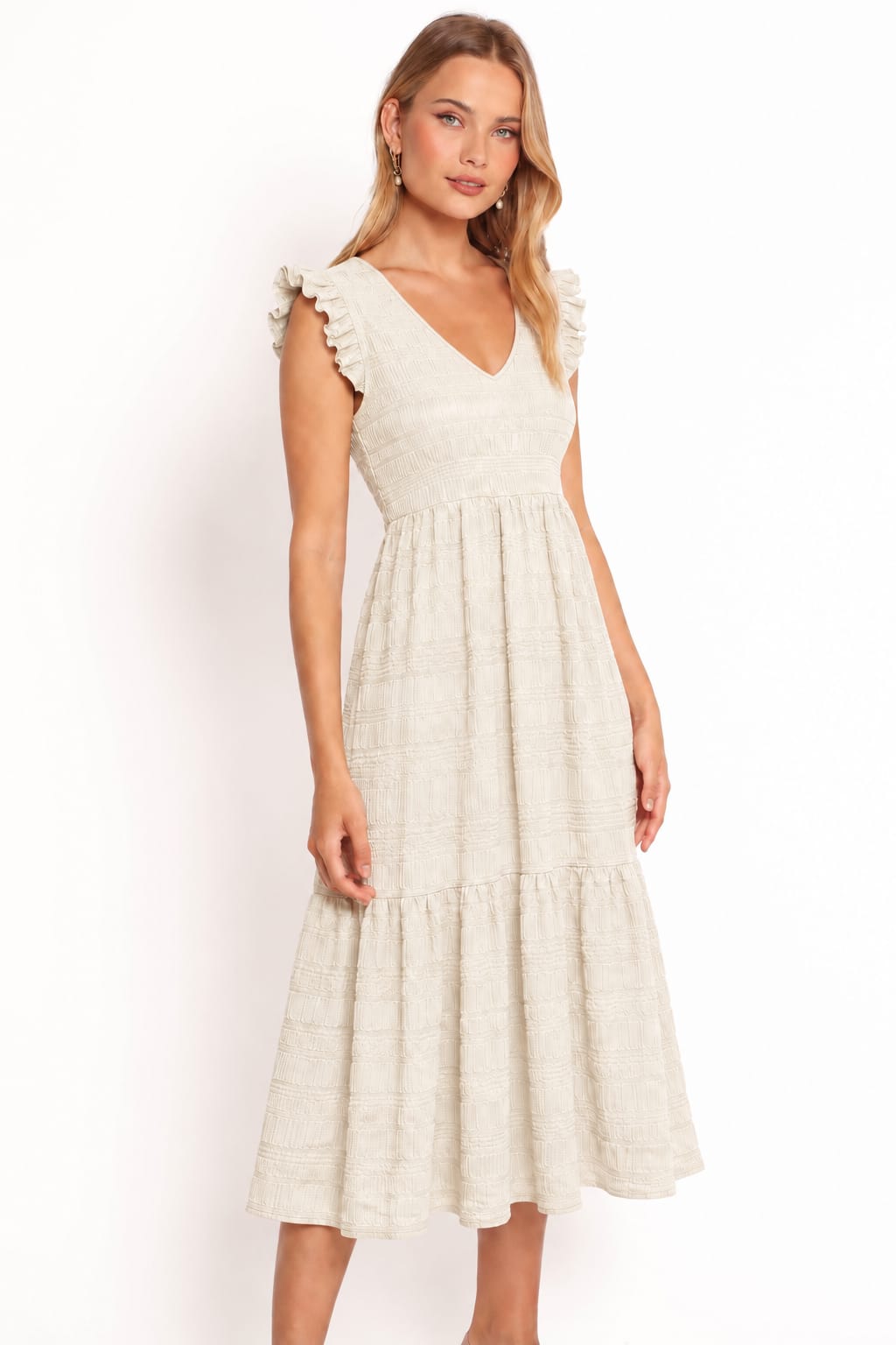 Textured Ruffle-Shoulder Midi Dress