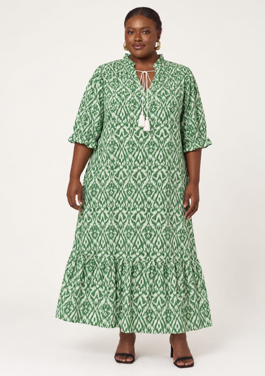 Ikat Print Tassel-Neck Maxi Dress