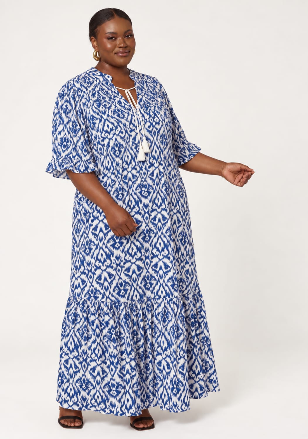 Ikat Print Tassel-Neck Maxi Dress