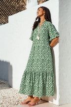 Ikat Print Tassel-Neck Maxi Dress