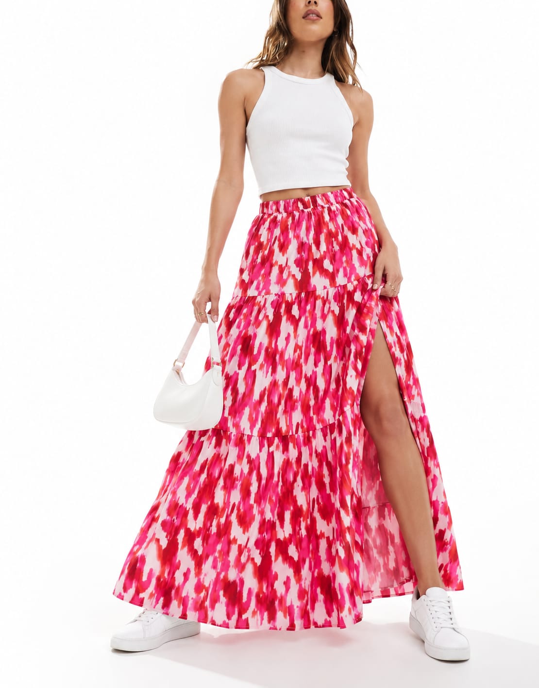 Painterly Print Tiered Maxi Skirt